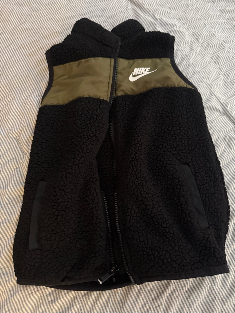 Nike Black Sherpa Vest with Olive Panel and White Logo